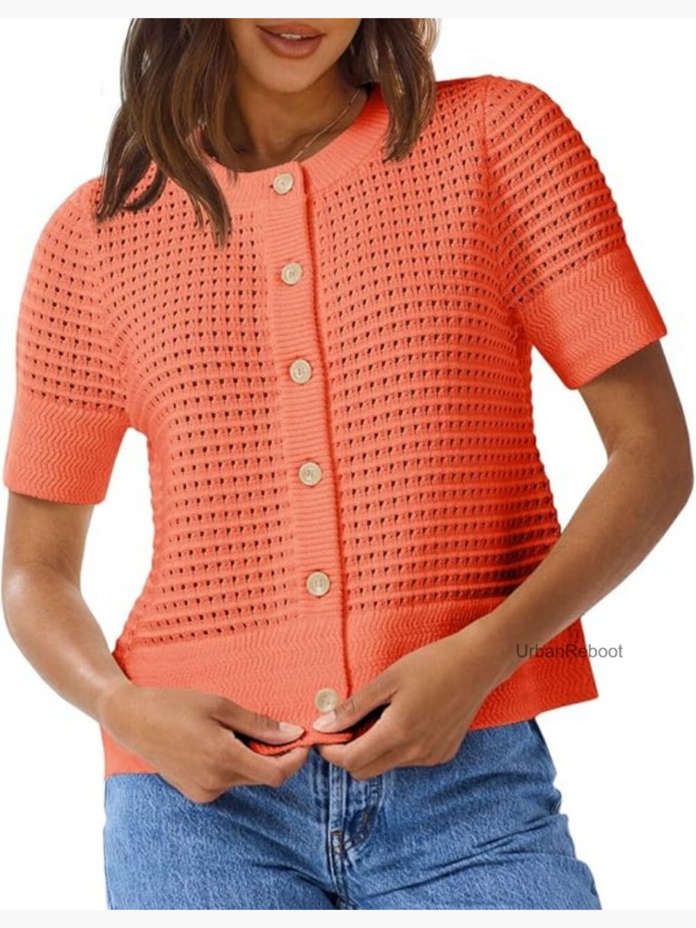 Crochet Short Sleeve Cardigan Button Up Crew Neck Summer Knit Sweater Top